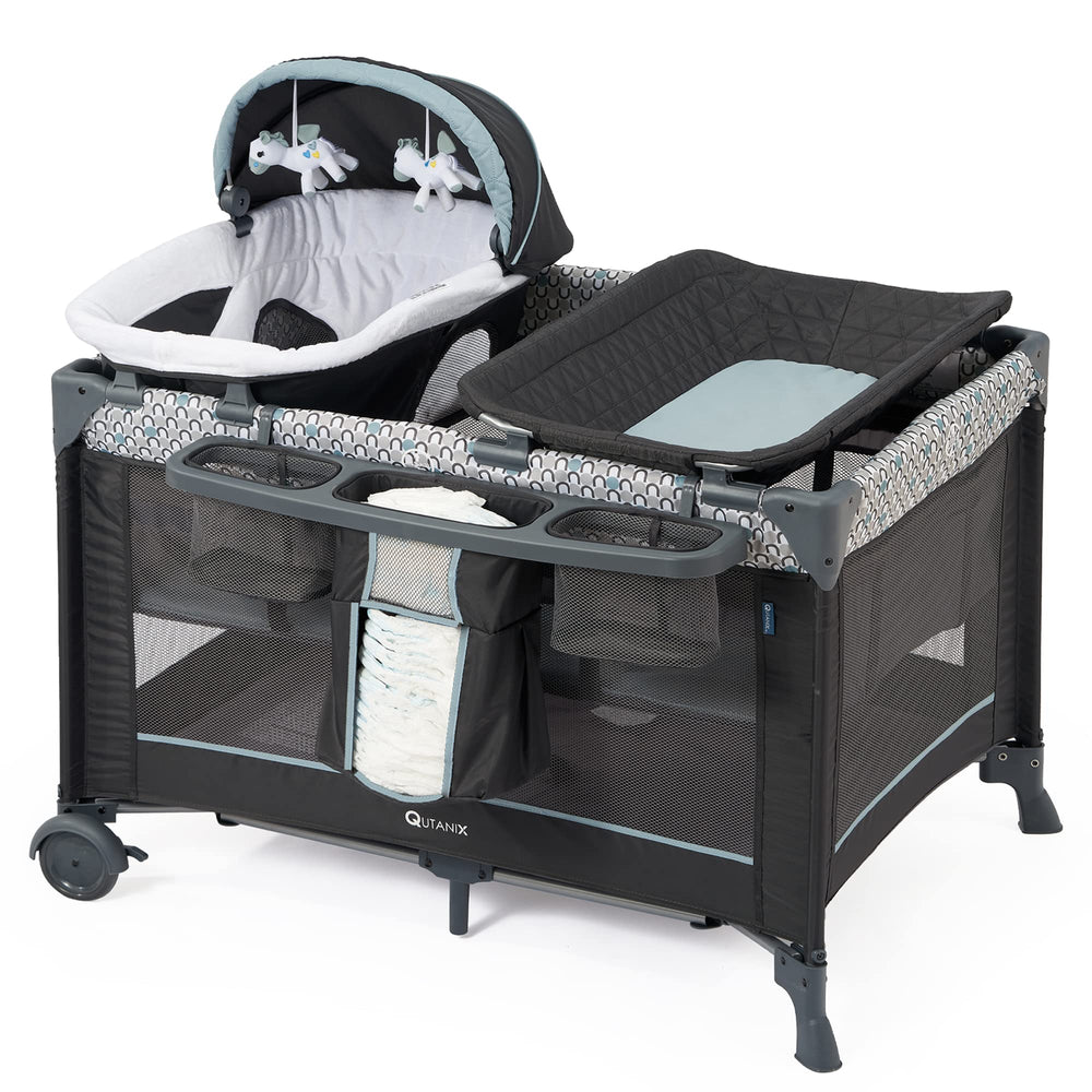 QUTANIX 5-in-1 pack and play frame shown in a room, with safe edges and open play space.