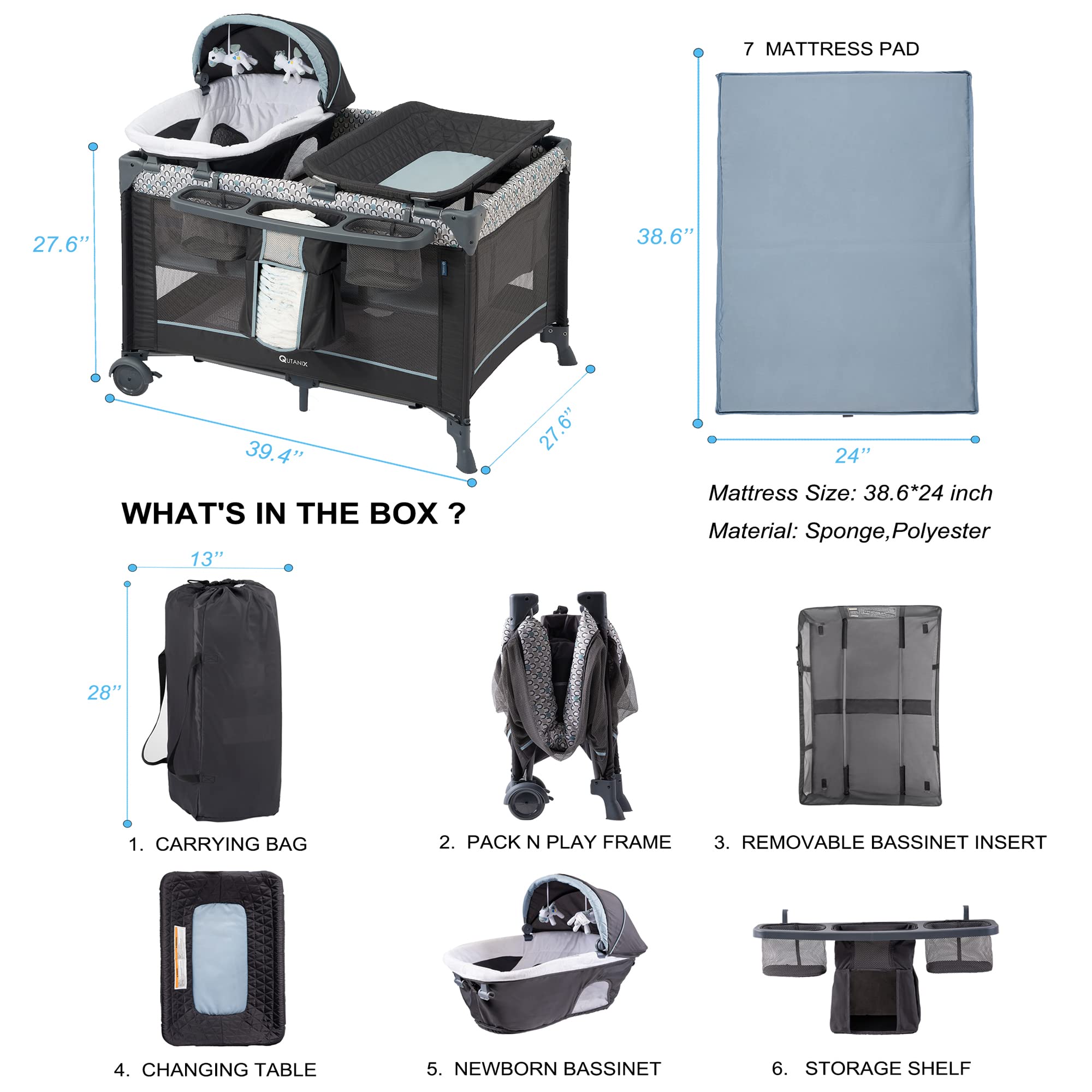 QUTANIX baby playpen on wheels ready to move between rooms.
