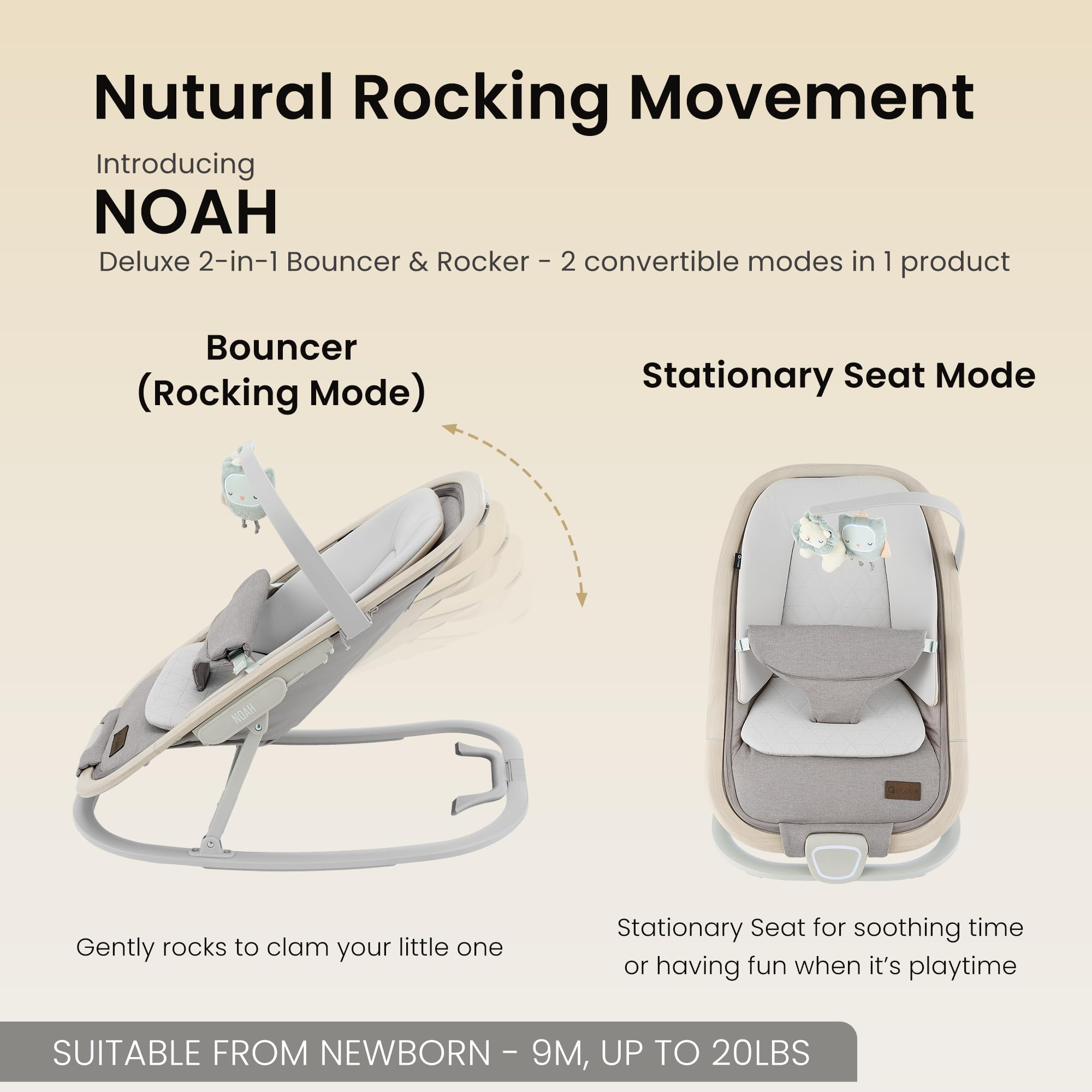 QUTANIX Noah rocker seat side view highlighting smooth motion for calm moments.