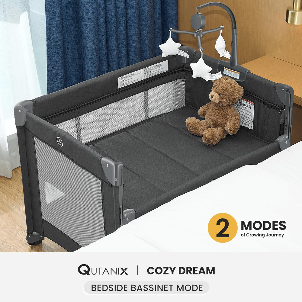 QUTANIX pack-and-play transformed into a roomy playpen for supervised play.