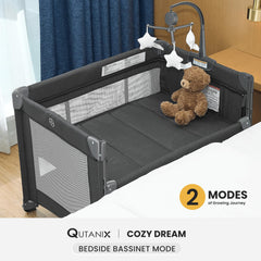 QUTANIX pack-and-play transformed into a roomy playpen for supervised play.