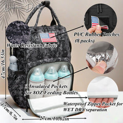 QWREOIA camo diaper bag back view highlighting anti-theft pocket and padded straps