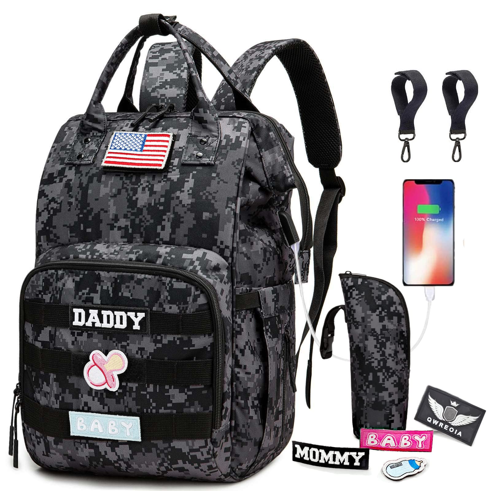 QWREOIA camo diaper bag front view showing organized compartments for quick access