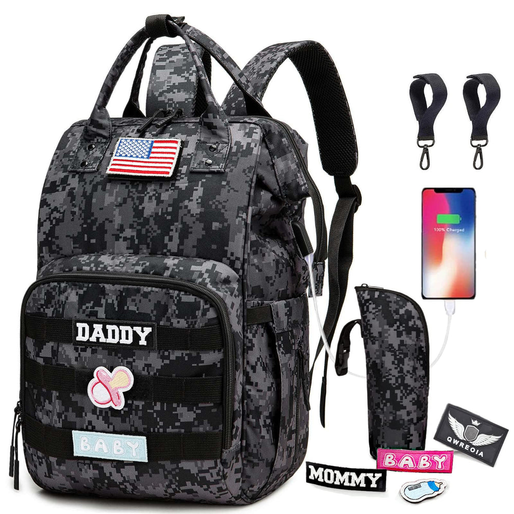 QWREOIA camo diaper bag front view showing organized compartments for quick access