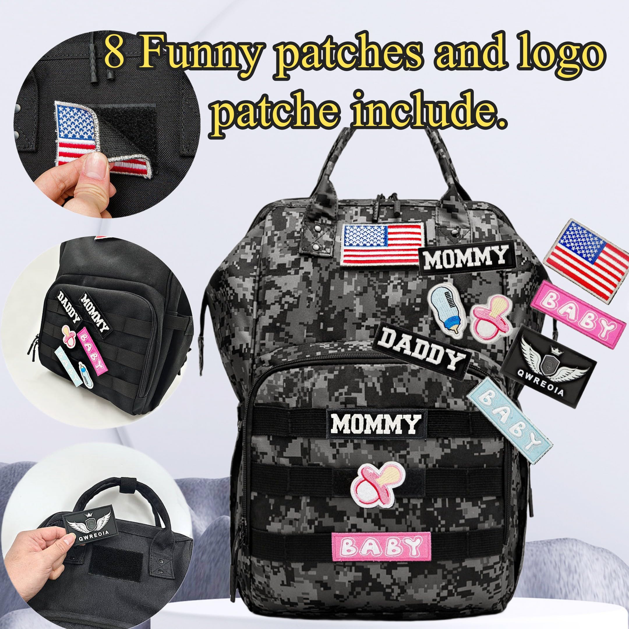 QWREOIA camo diaper bag insulated pocket keeps bottles within easy reach