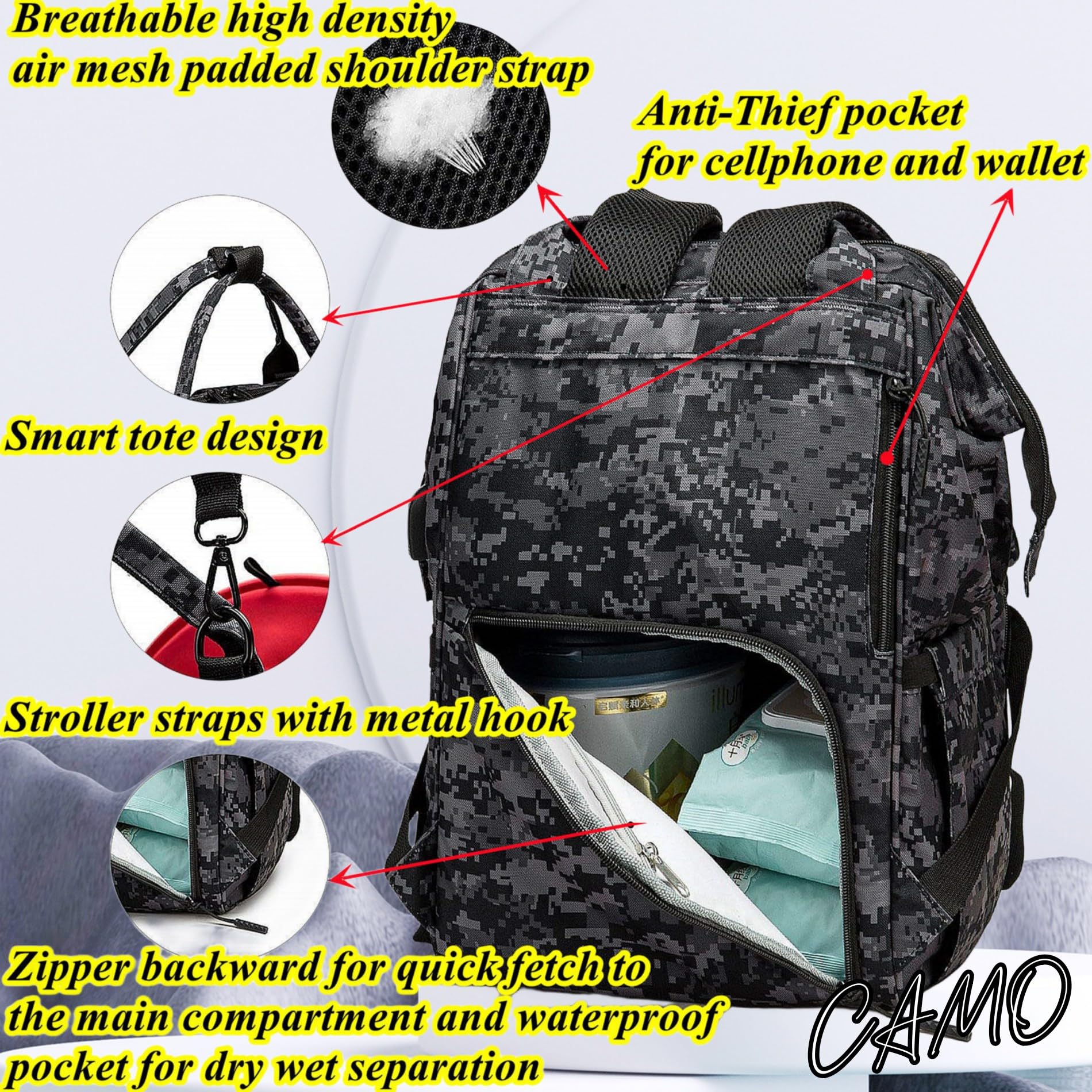 QWREOIA camo diaper bag with stroller straps for hands-free outings