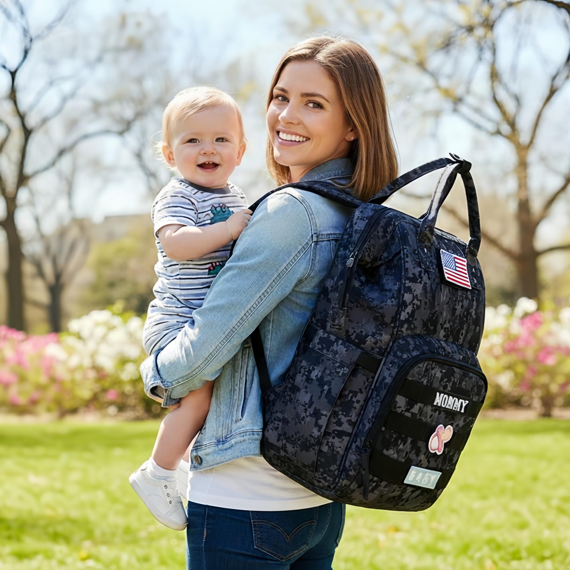 QWREOIA camo diaper bag USB port enables convenient charging on the go