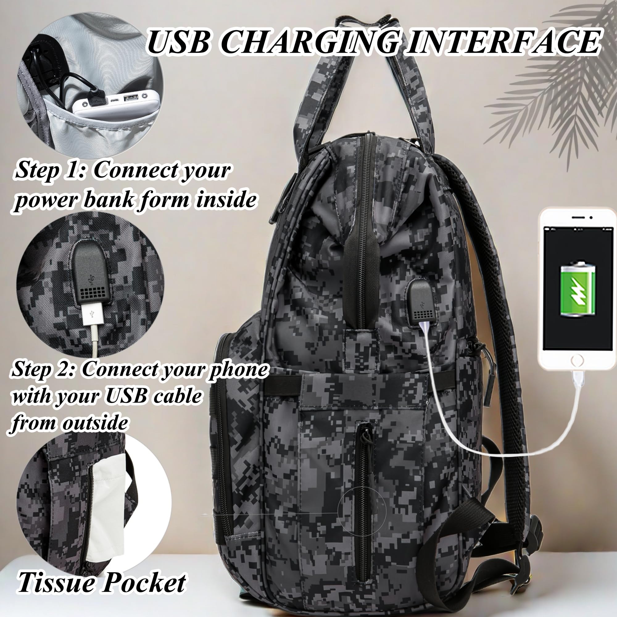 QWREOIA camo diaper bag waterproof fabric protects essentials in wet weather