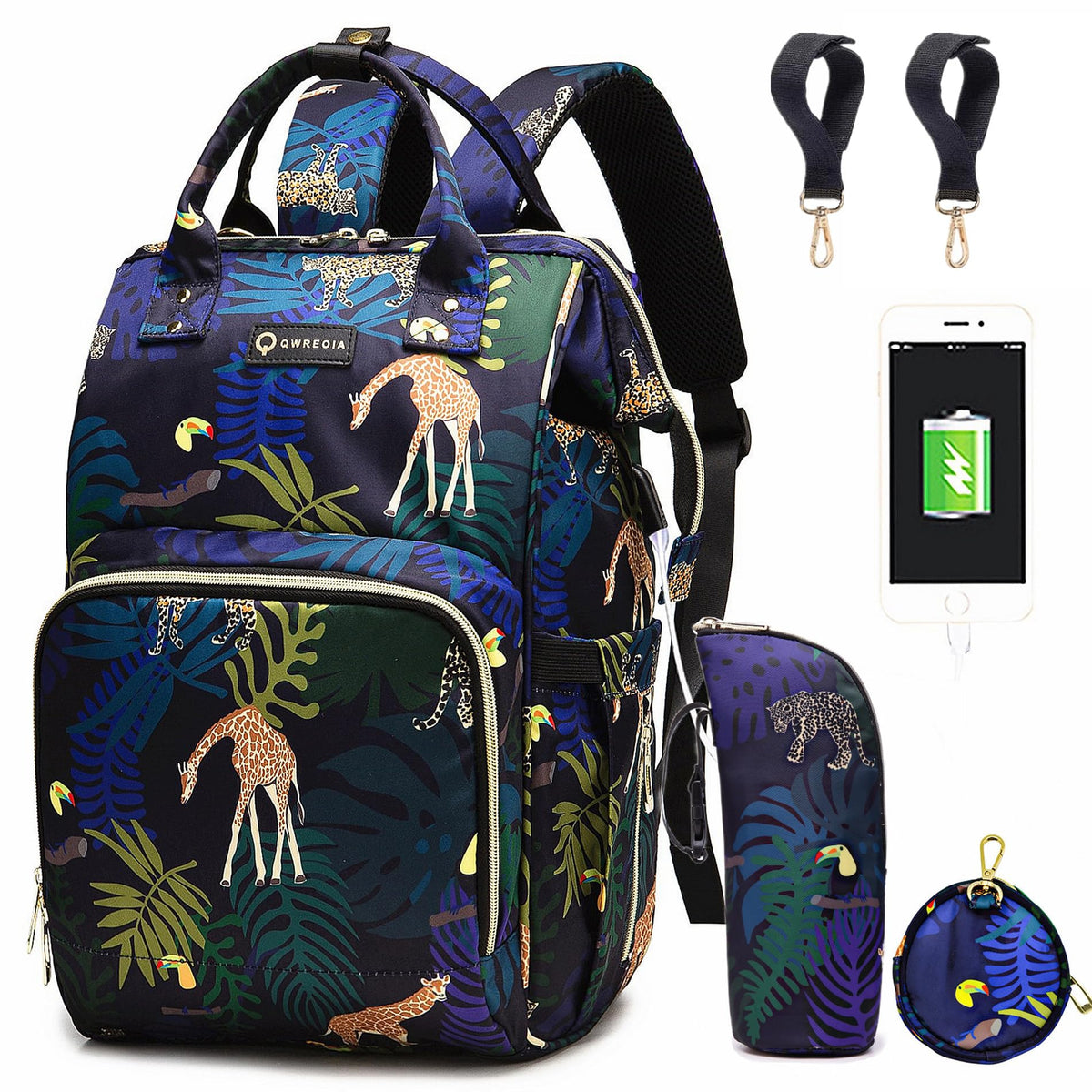 QWREOIA diaper bag backpack in animal print for organized carrying on adventures.