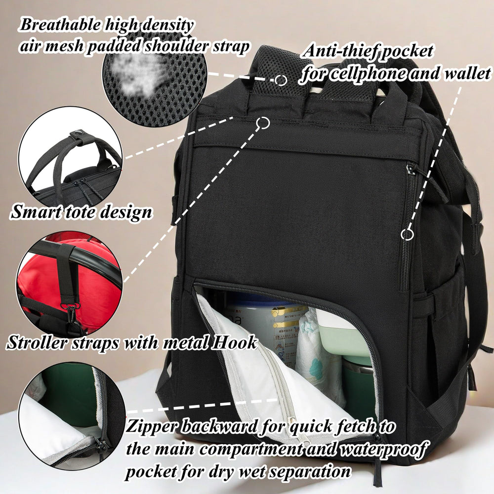 QWREOIA diaper bag backpack changing pad displayed for easy public changes.