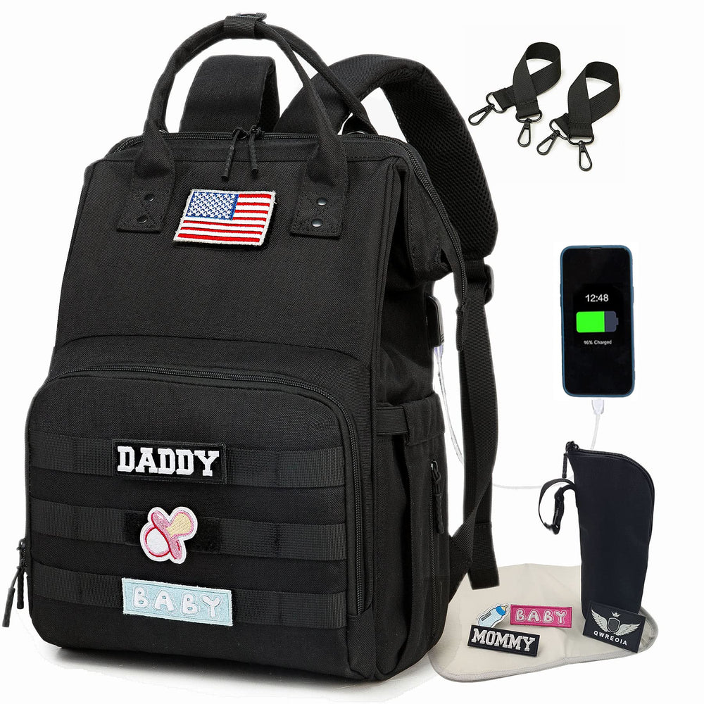 QWREOIA diaper bag backpack front view in black for everyday family use.