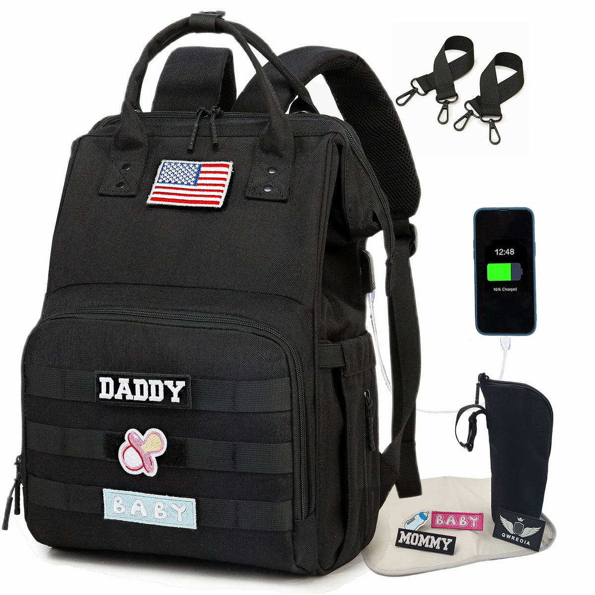 QWREOIA diaper bag backpack front view in black for everyday family use.