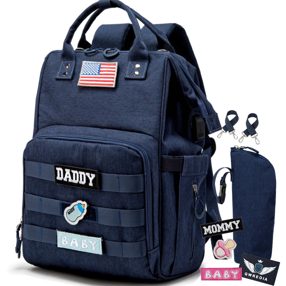 QWREOIA diaper bag backpack front view, easy access to essentials on the go.
