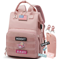 QWREOIA diaper bag backpack front view with organized pockets in pink.