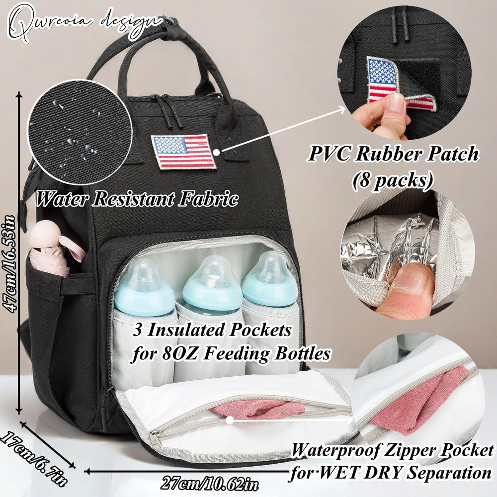 QWREOIA diaper bag backpack insulated pocket visible, ideal for bottles on the go.