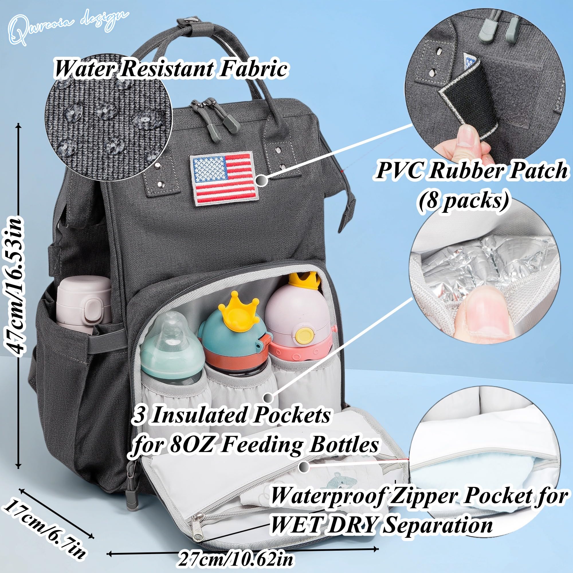 QWREOIA insulated pocket keeps bottles warm or cold on trips.