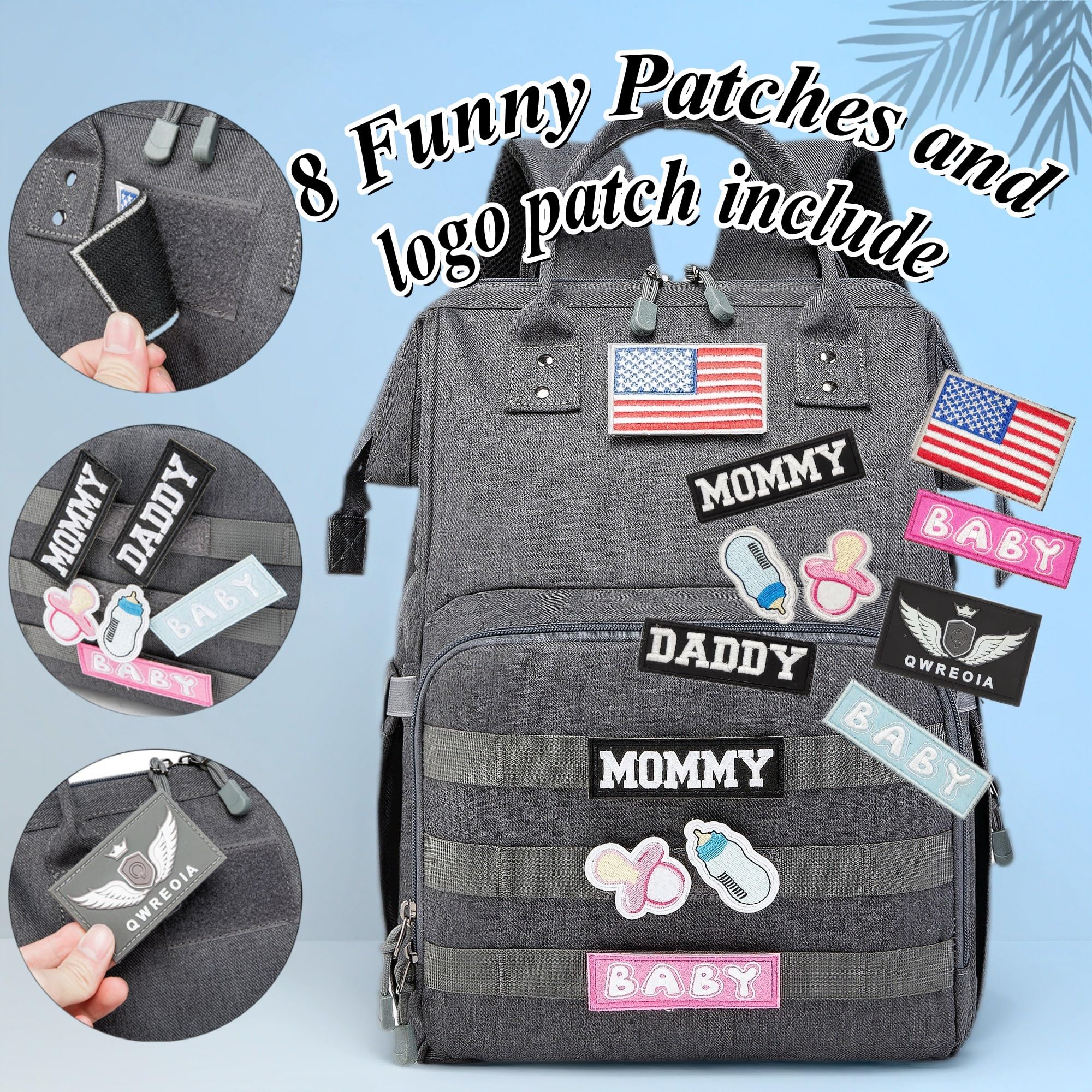 QWREOIA diaper bag backpack with 14 pockets for organized essentials.
