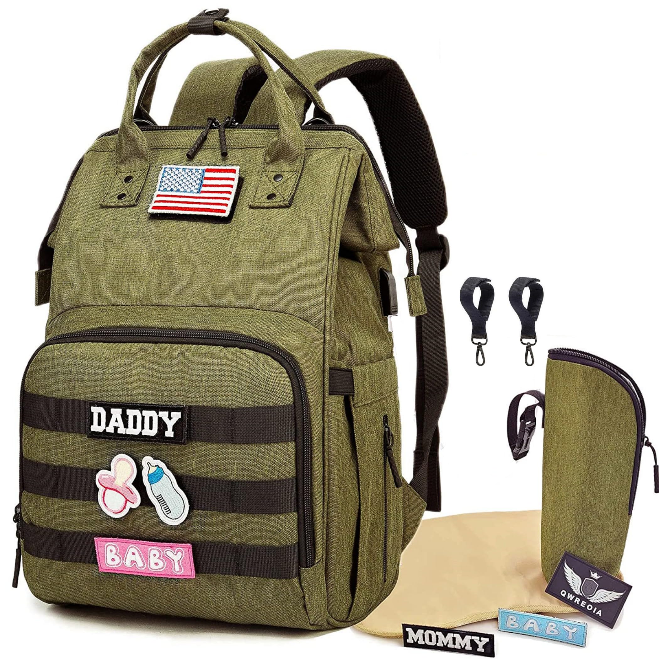 QWREOIA diaper bag backpack outer pocket for quick access on the go.