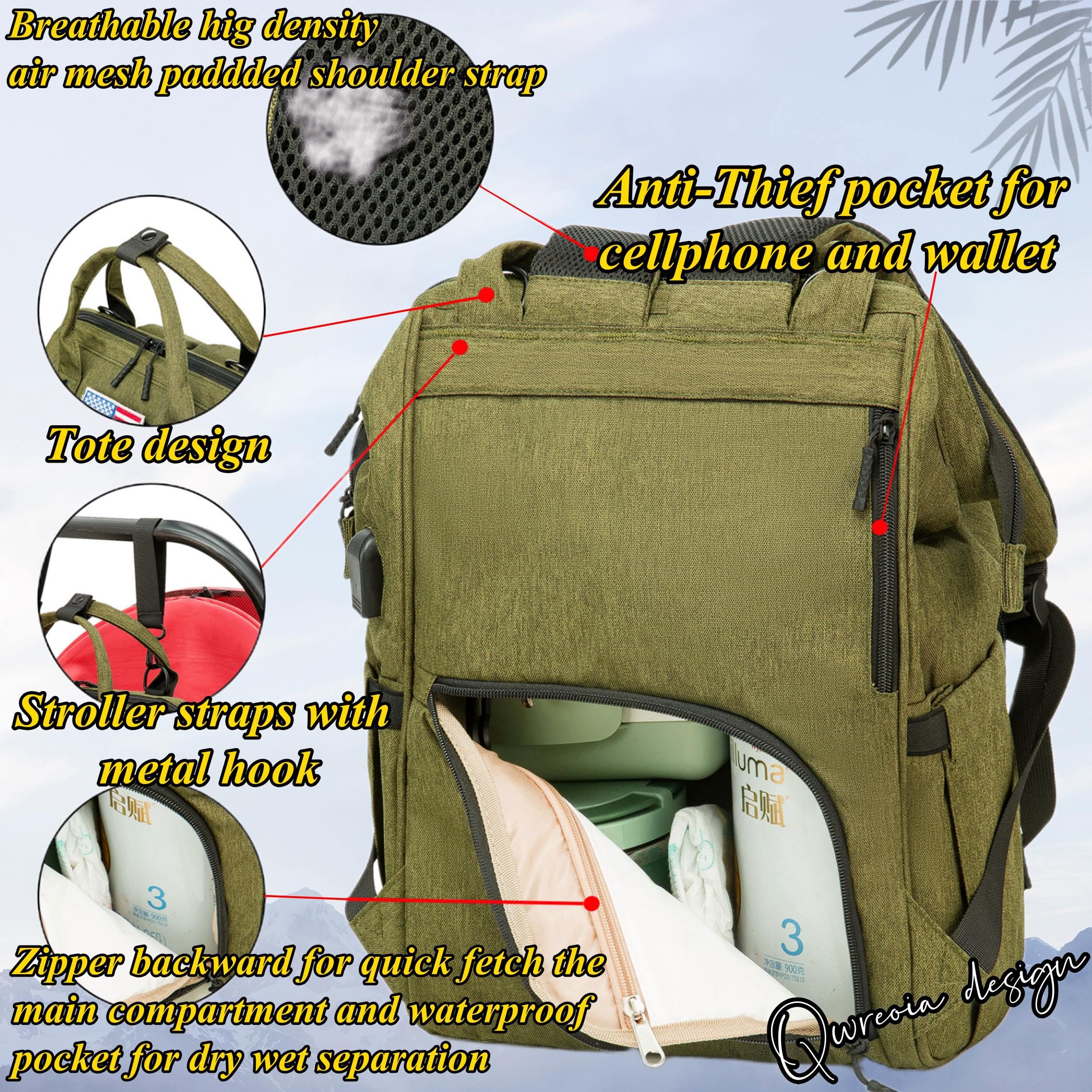 QWREOIA diaper bag backpack stroller strap enables hands free pushing.