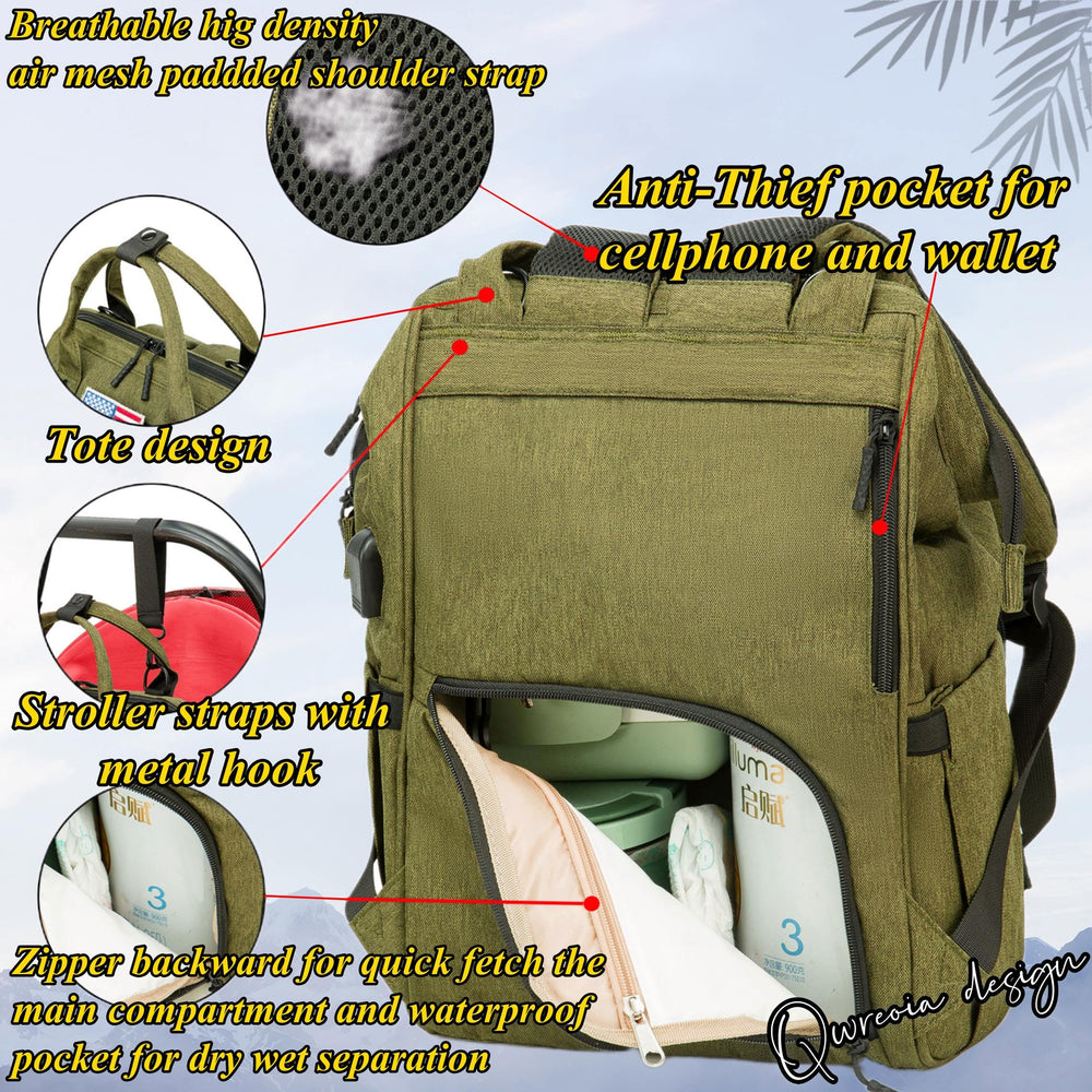 QWREOIA diaper bag backpack stroller strap enables hands free pushing.