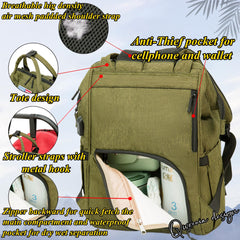 QWREOIA diaper bag backpack stroller strap enables hands free pushing.