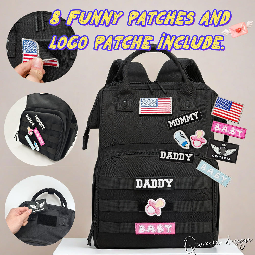 QWREOIA diaper bag backpack stroller straps shown, enabling hands-free outings.