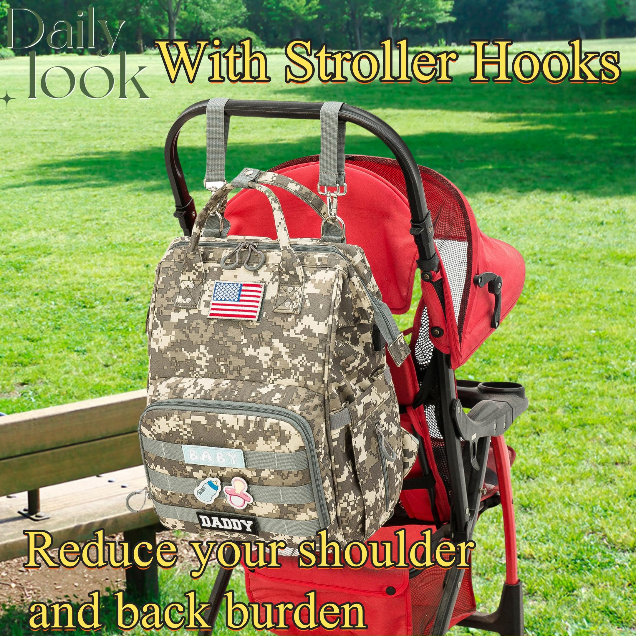QWREOIA camo diaper bag wearable as backpack or tote in action
