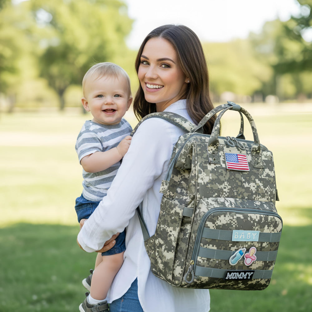 QWREOIA camo diaper bag changing pad included for on-the-go changes