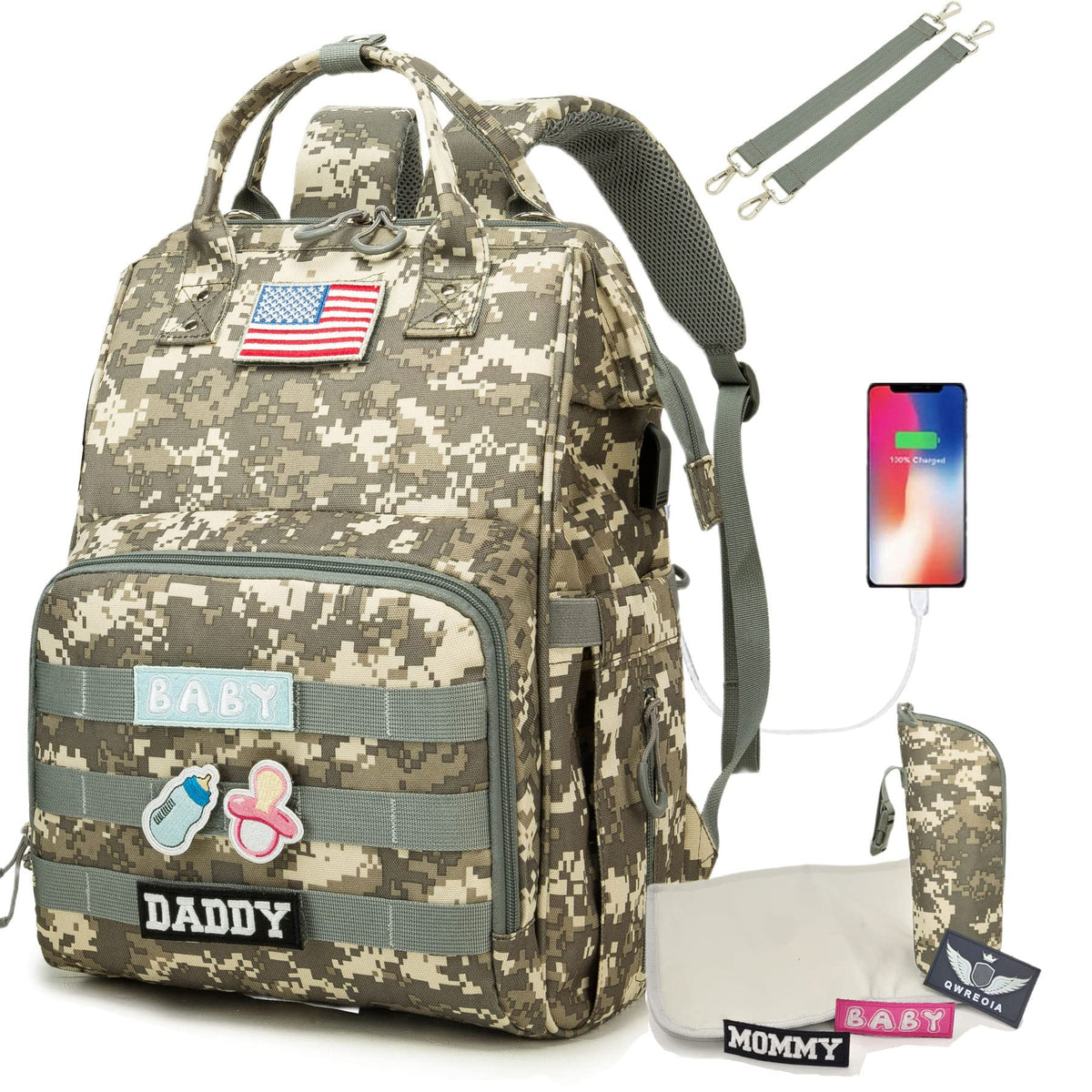 QWREOIA camo diaper bag front view showing spacious storage