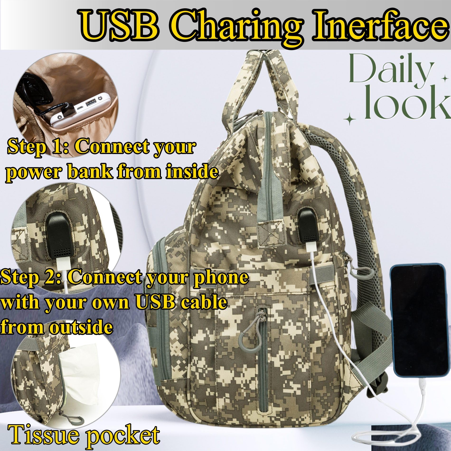 QWREOIA camo diaper bag insulated pocket close-up for bottles
