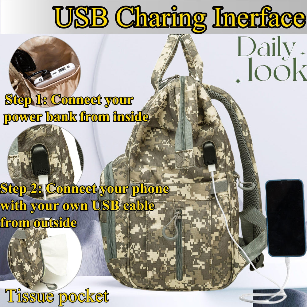 QWREOIA camo diaper bag insulated pocket close-up for bottles