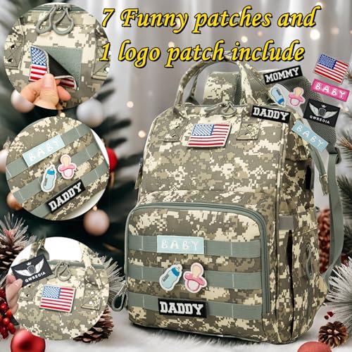 QWREOIA camo diaper bag pockets layout emphasizing organization