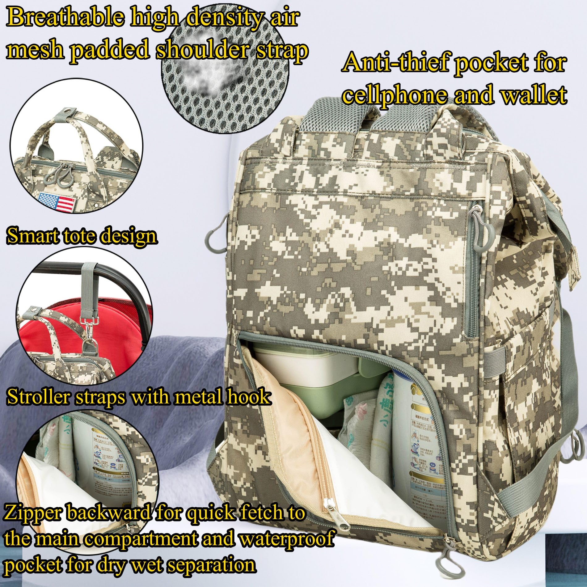 QWREOIA camo diaper bag stroller straps for hands-free use