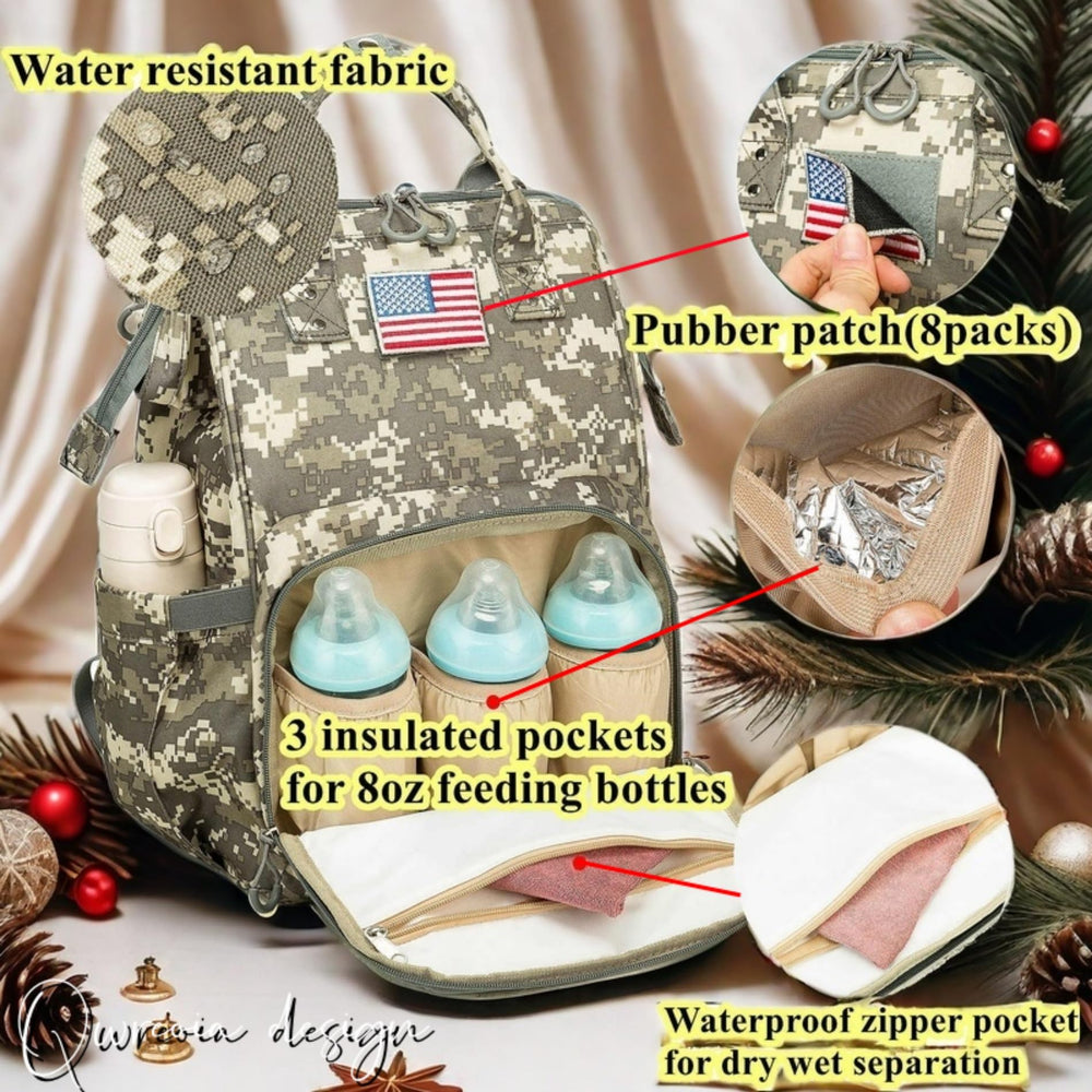 QWREOIA camo diaper bag USB port ready for charging on the go