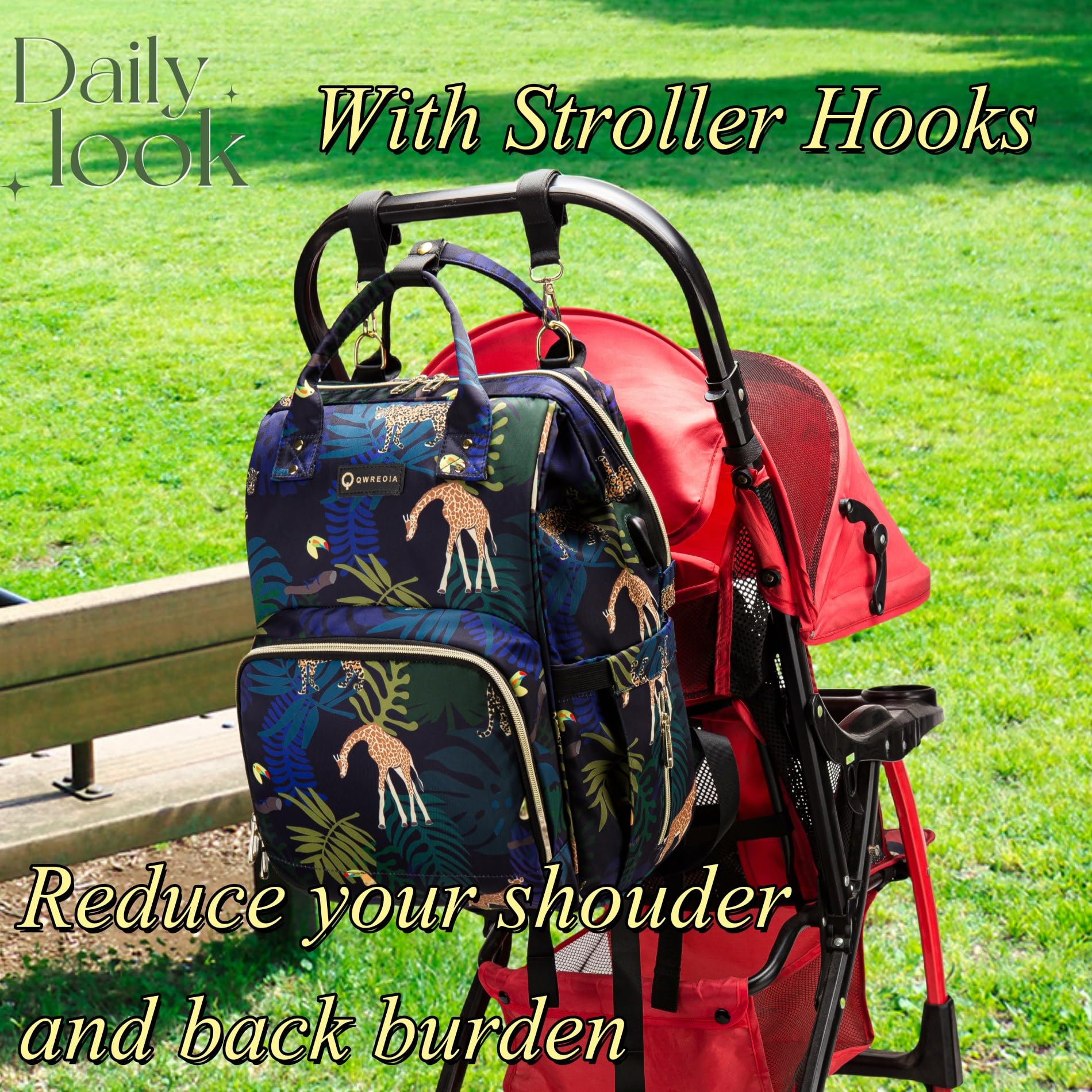 QWREOIA diaper bag's multiple pockets organize essentials quickly.