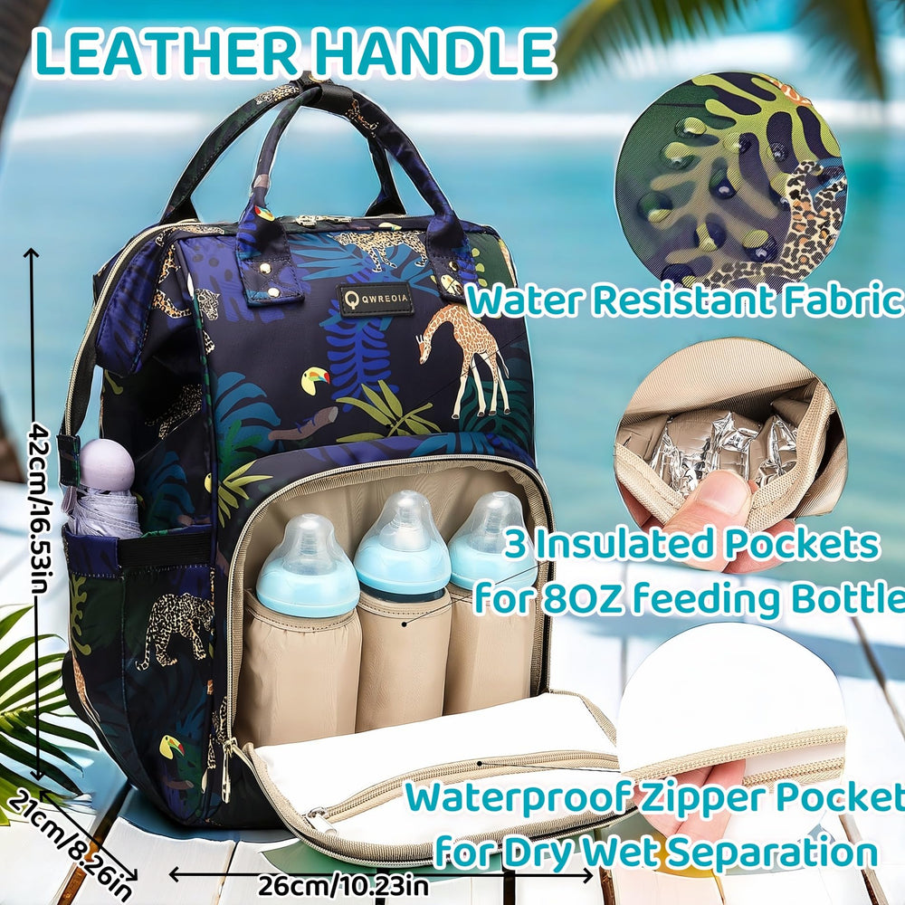 QWREOIA diaper bag with USB port enables easy device charging on the go.