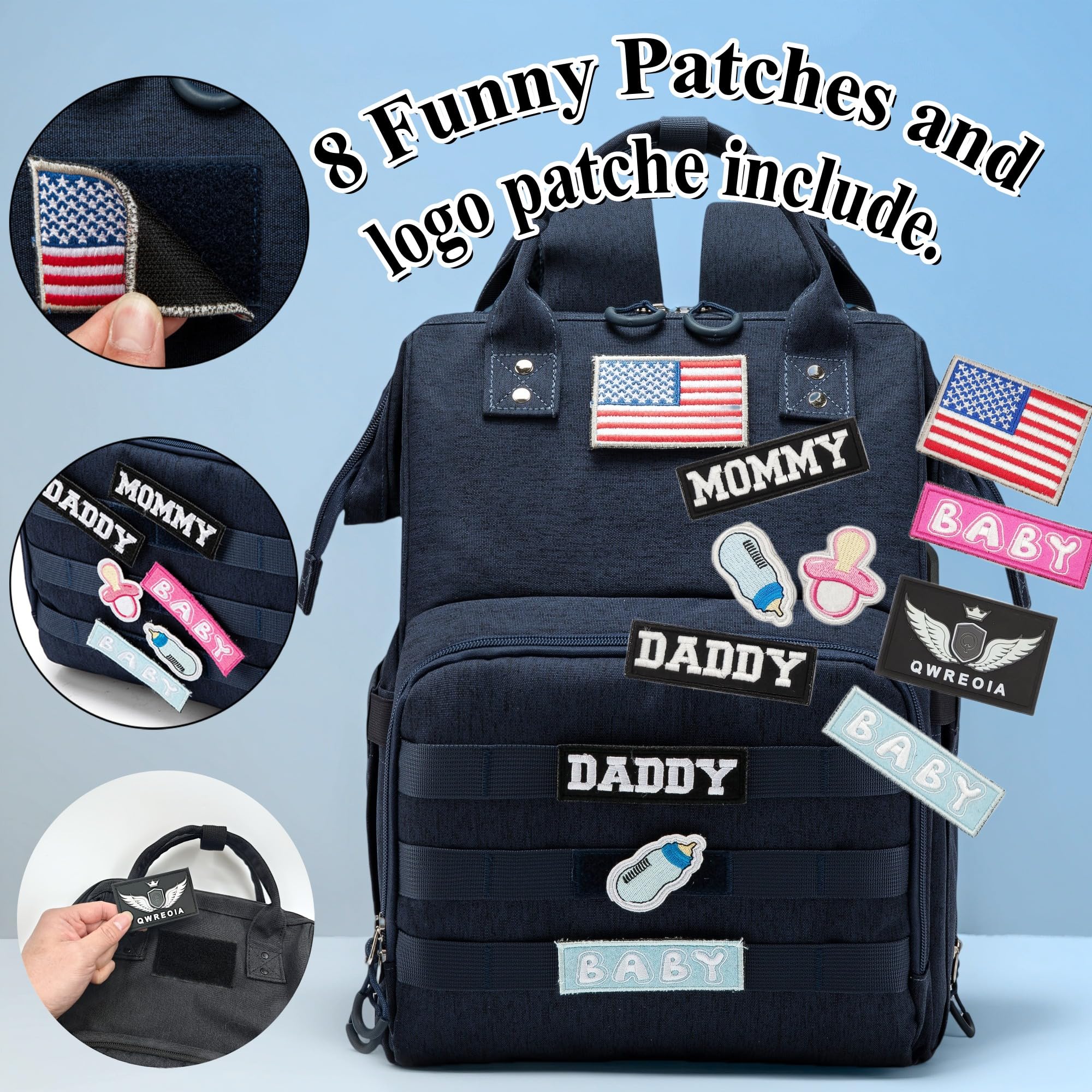 QWREOIA diaper bag waterproof fabric close-up, showcasing durable, weather-ready material.