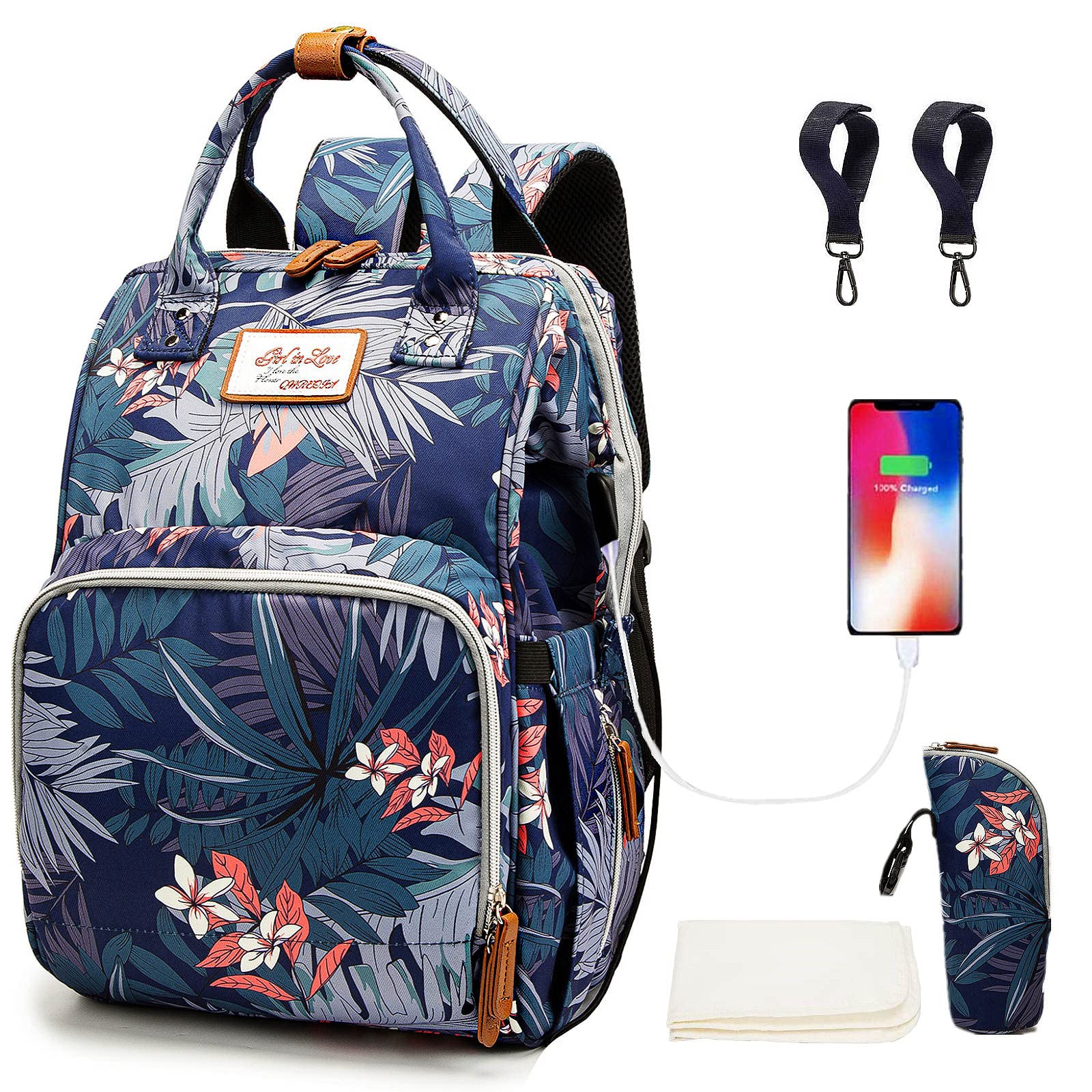 QWREOIA floral diaper bag backpack front view for stylish everyday mom life