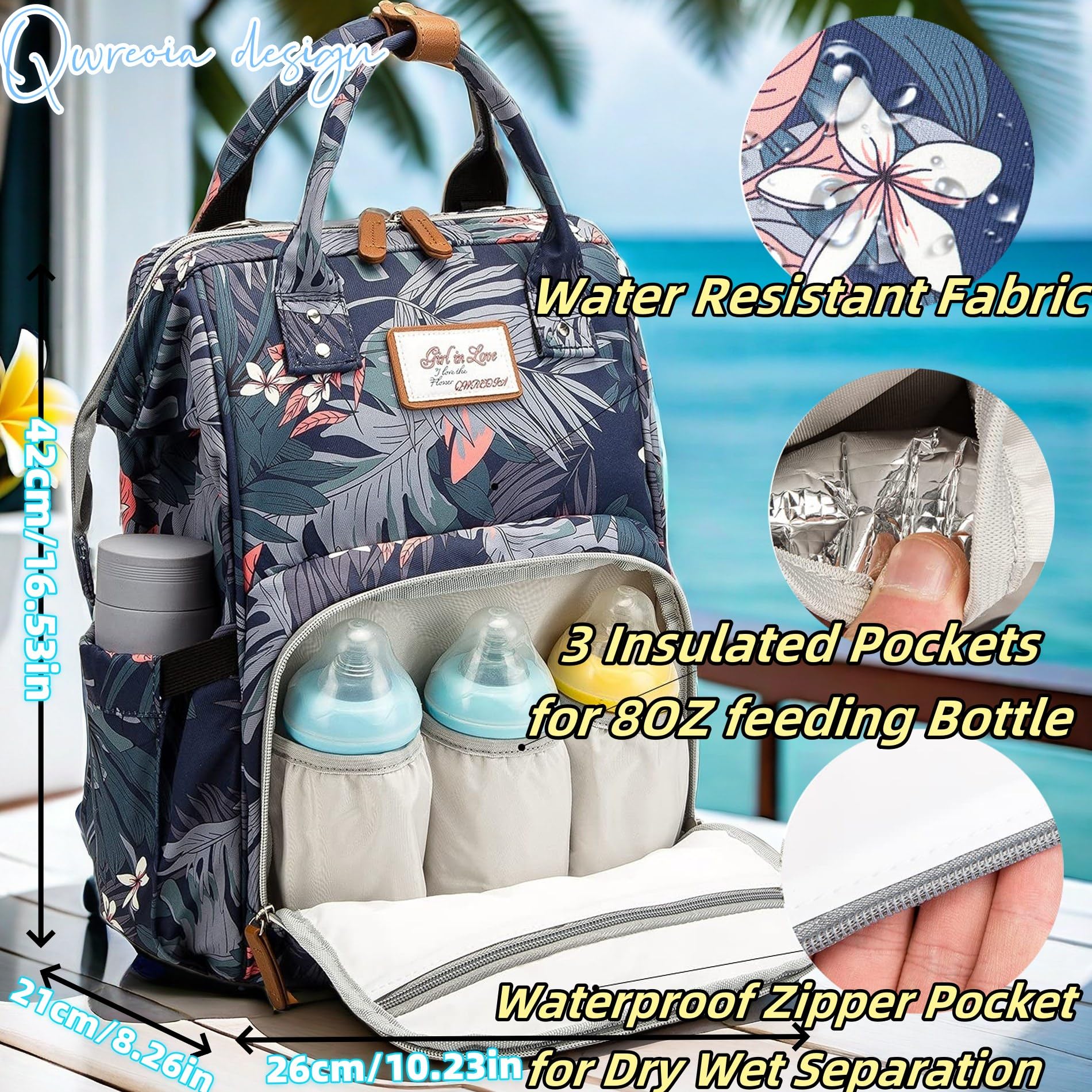 QWREOIA floral diaper bag backpack insulated pocket keeps bottles at temperature
