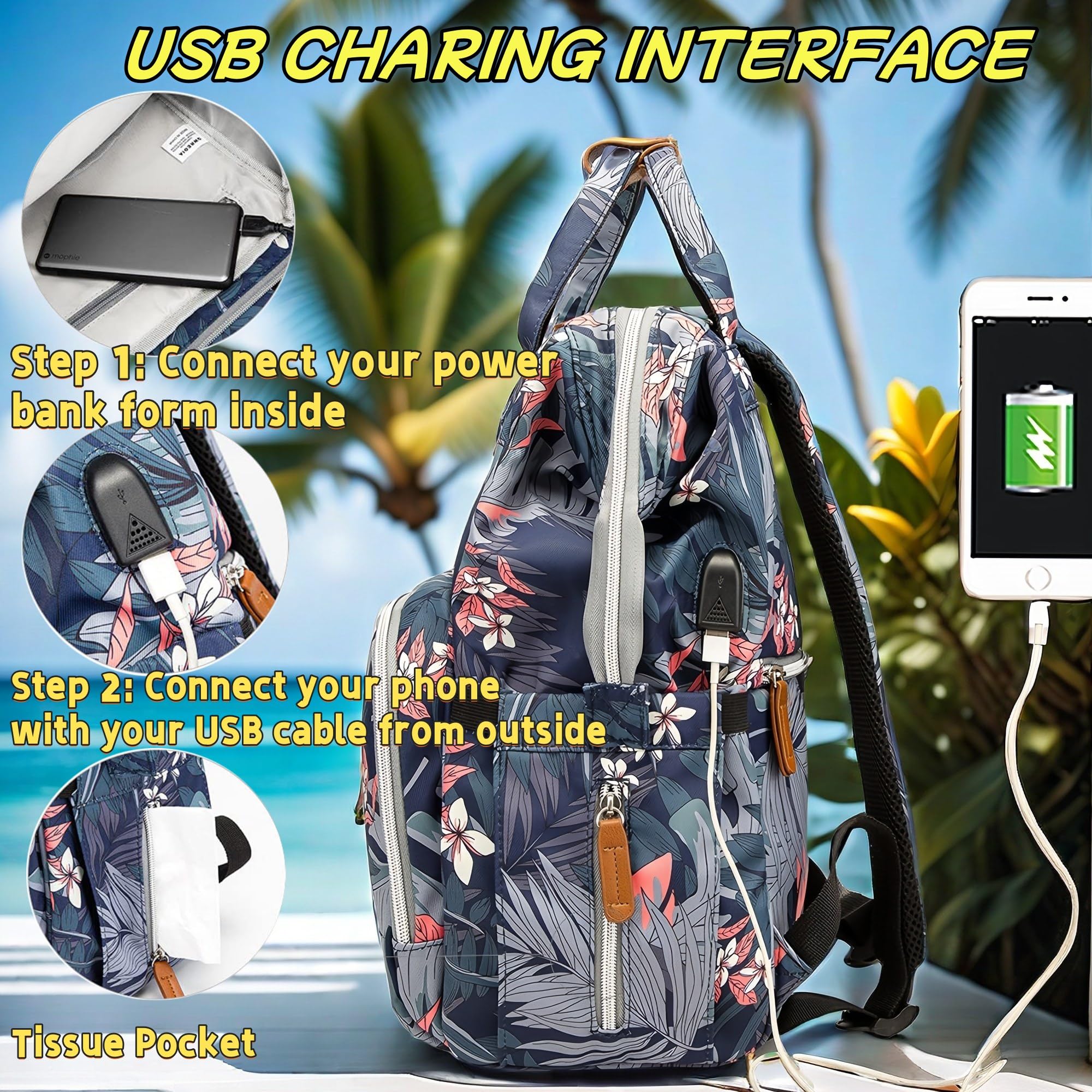 QWREOIA floral diaper bag backpack interior pockets show organized storage on the go