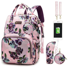 QWREOIA Floral Diaper Bag Backpack with rose pattern for stylish, hands-free parenting.