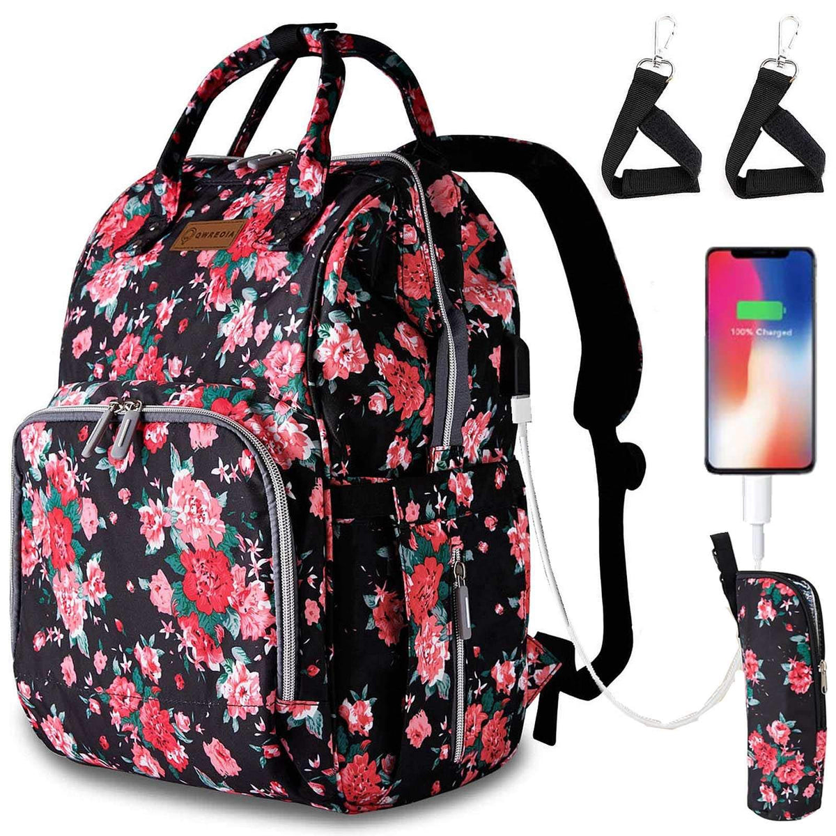 QWREOIA floral diaper bag backpack with USB port for on-the-go charging