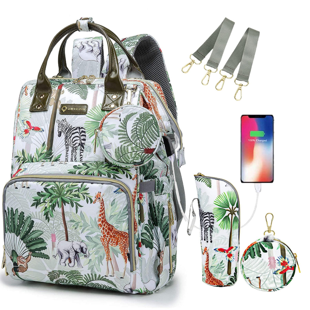 QWREOIA tropical rainforest diaper bag backpack with large capacity for organized essentials