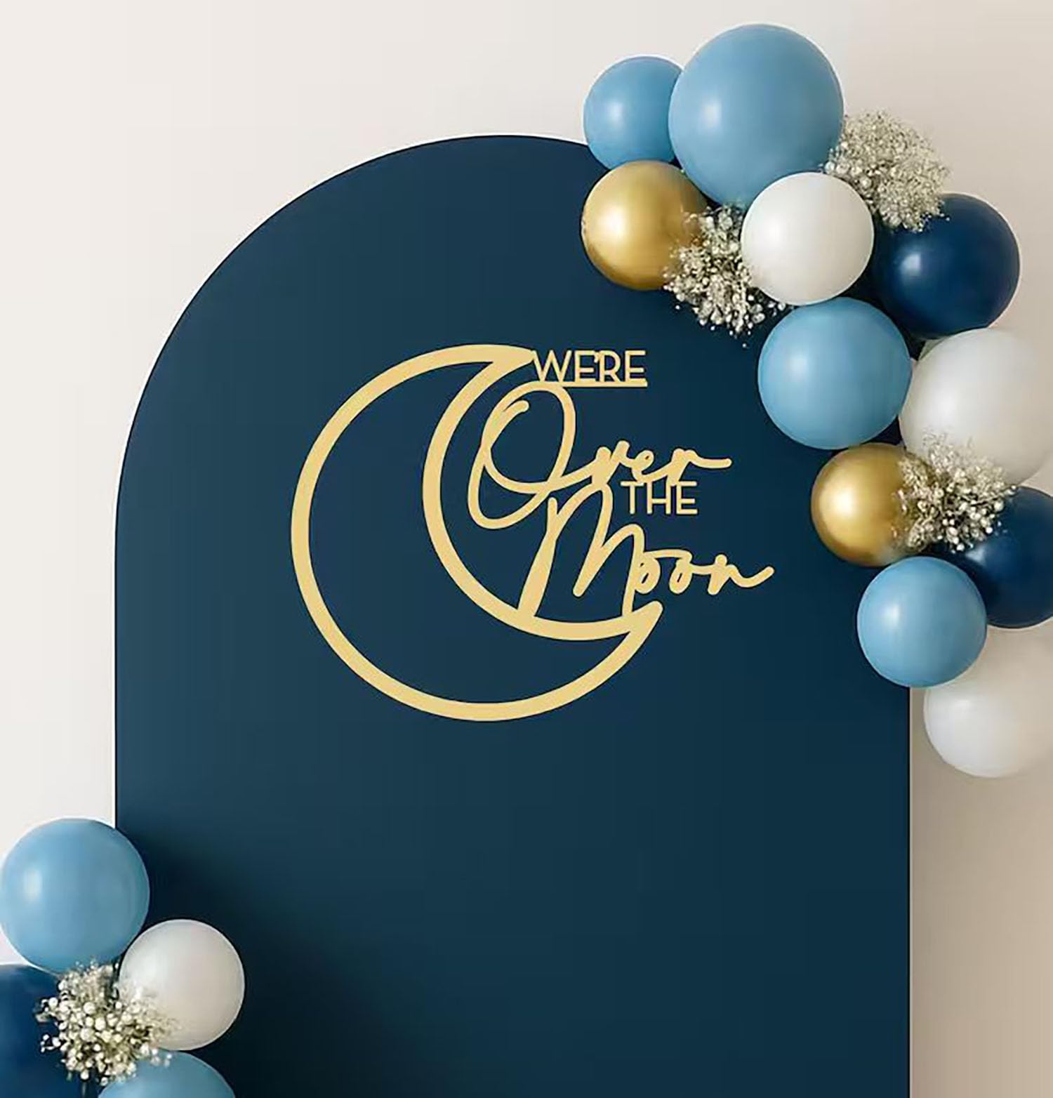 QWTOWFM We Are Over The Moon sign backdrop for celestial baby showers and festive photo moments.