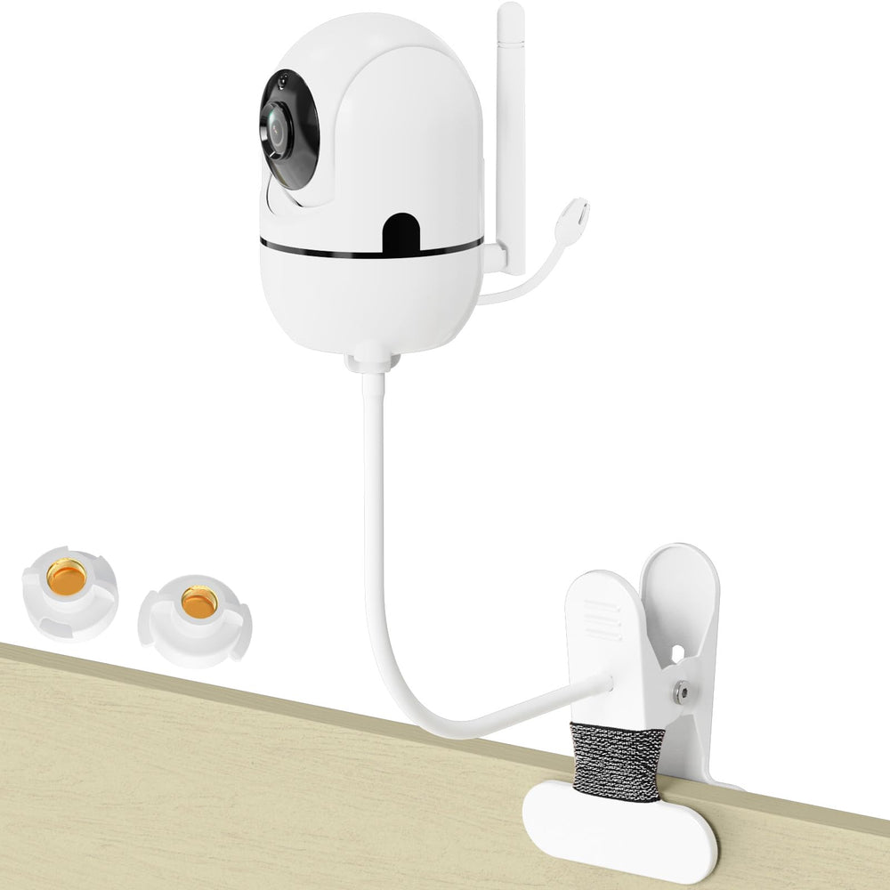 Qwwia flexible baby monitor mount on Hello Baby HB6550 showing secure clip and adjustable gooseneck