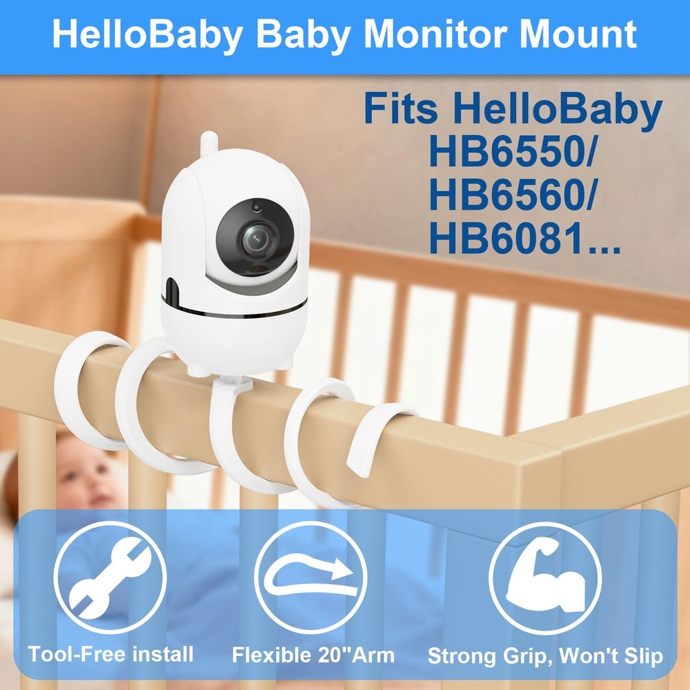 Qwwia HelloBaby HB6560 mount stand shown on a nursery shelf.