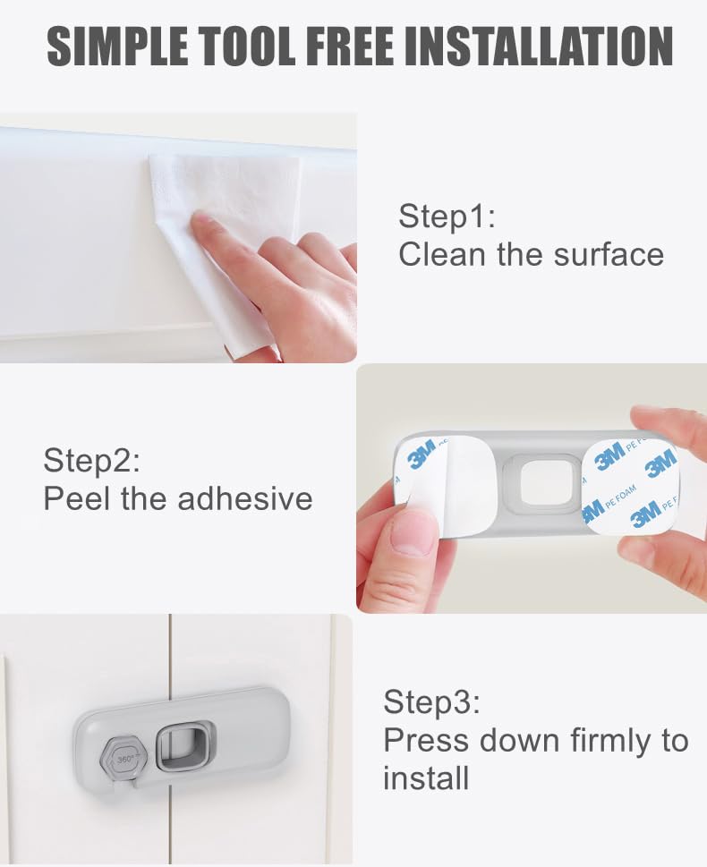 QYESWHSR baby-proof locks install without tools and leave fridge undamaged.