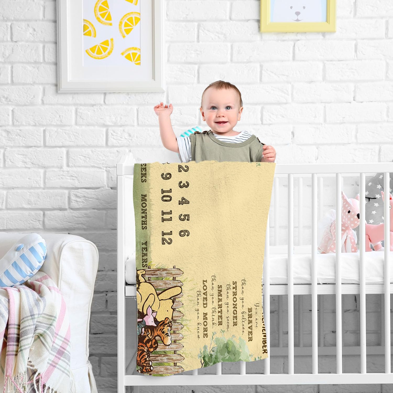 Close-up of Winnie pattern detail adding playful nursery decor