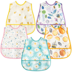 R HORSE 5-piece bibs with crumb catcher pocket in bright floral patterns.