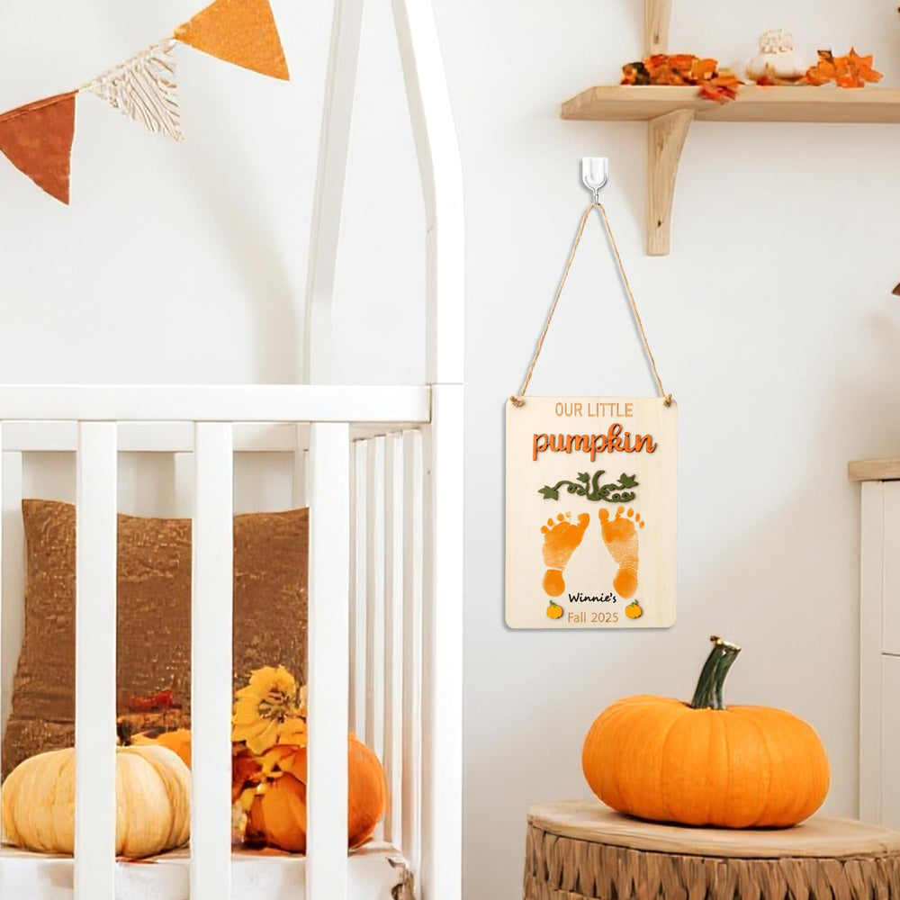 R HORSE Baby's footprint sign hanging rope displayed on nursery shelf.